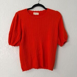 Marled Orange Cable Knit Short Puff Sleeve Scalloped‎ Sweater Large Womens